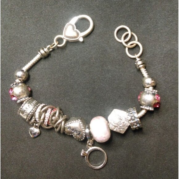 Silver Bracelet with Love Hearts Rings many Charms 8 inches - Picture 1 of 6
